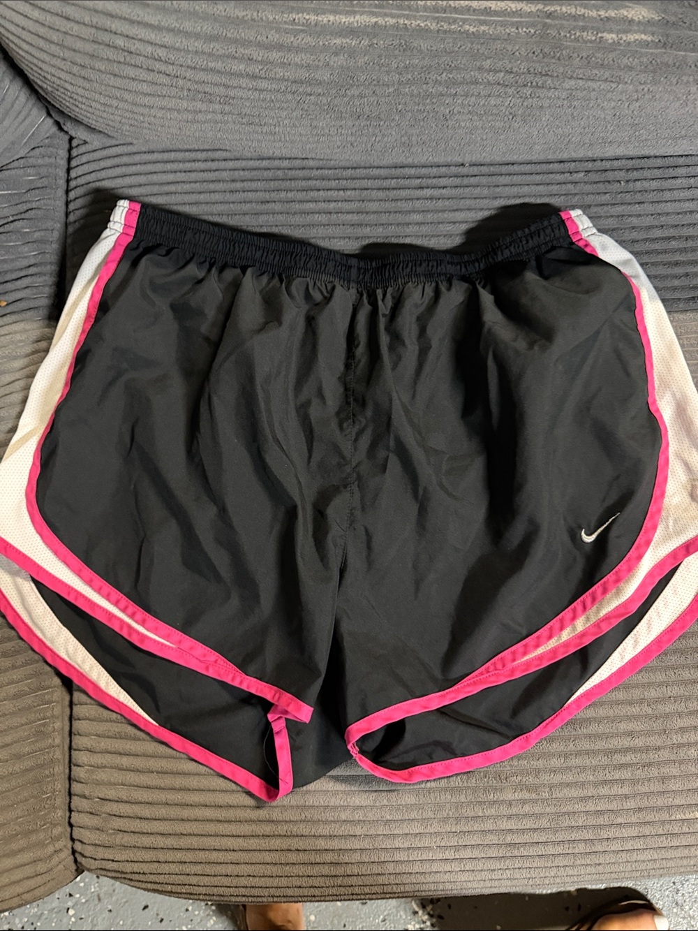 Nike Women's Black Running Shorts with Pink Trim and White Panels